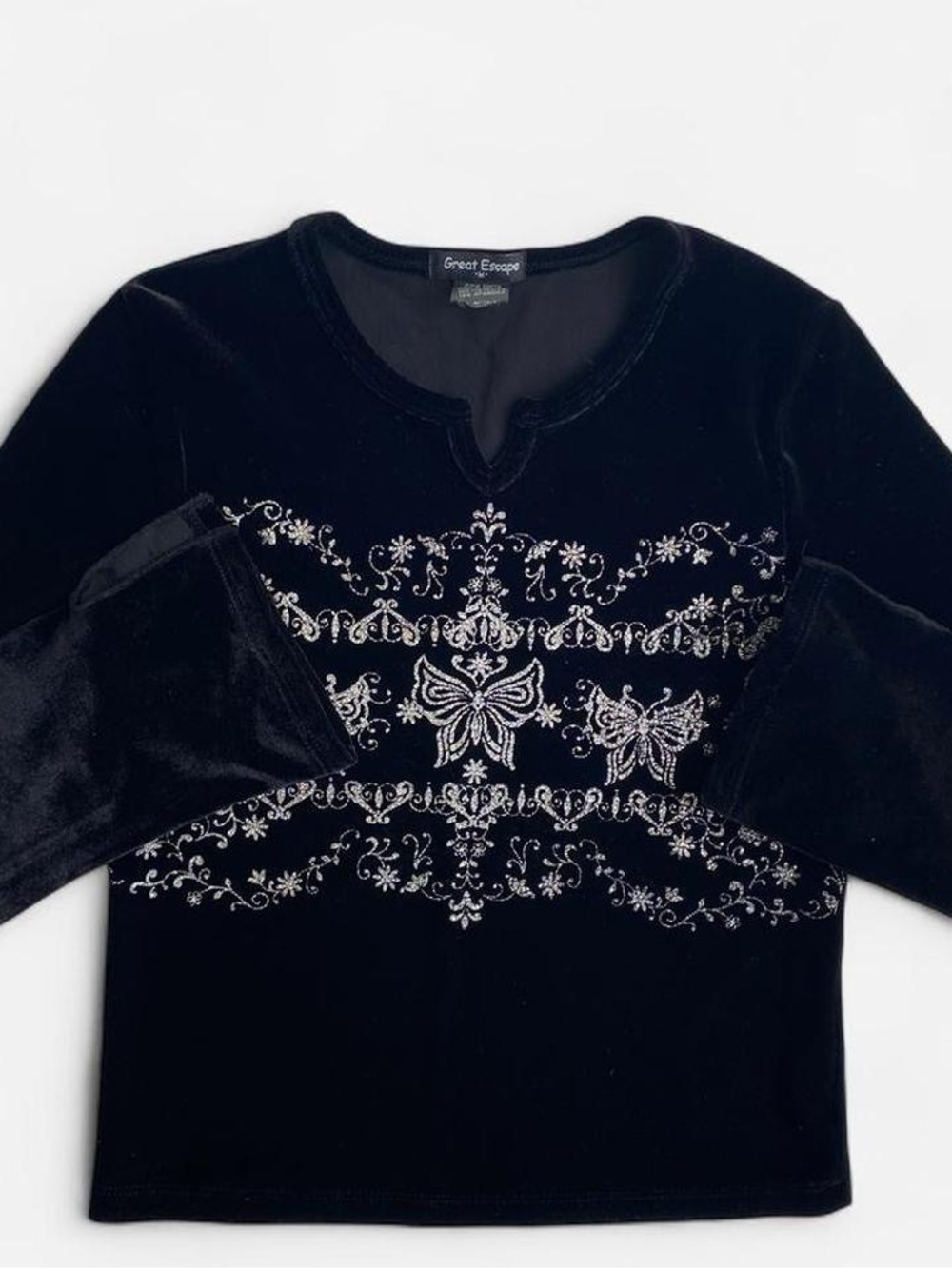 Vintage girls sparkly black velvet butterfly long sleeve top